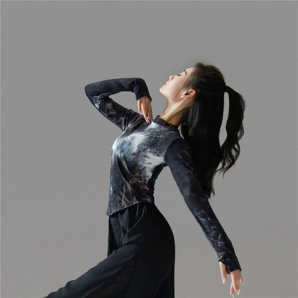 Nouvelle danse moderne danse classique noir cravate-teinture haut Performance pratique Costume Yoga fluide en mousseline de soie pantalon à jambes larges