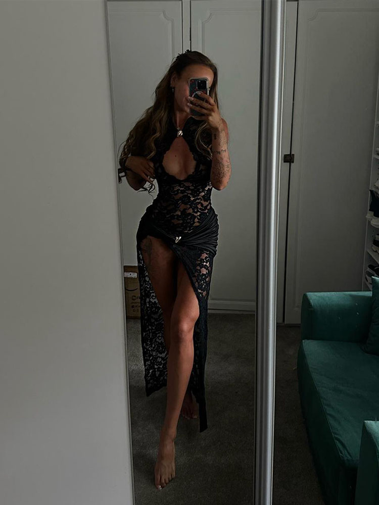Robes en dentelle pour femmes, mode Sexy, élégante, couleur unie, sans manches, débardeur ajouré, col rond, fente latérale haute, Slim Fit, longues Robes