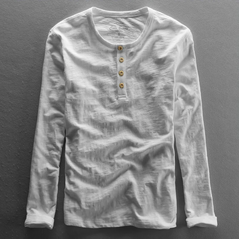 T-shirt à manches longues en pur coton pour hommes, pull à col rond, t-shirts basiques décontractés, t-shirt rétro masculin, mode 100%