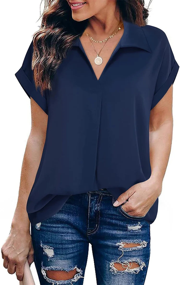 Chemisier à manches chauve-souris pour femmes, chemises décontractées, col rabattu, couleur unie, style été