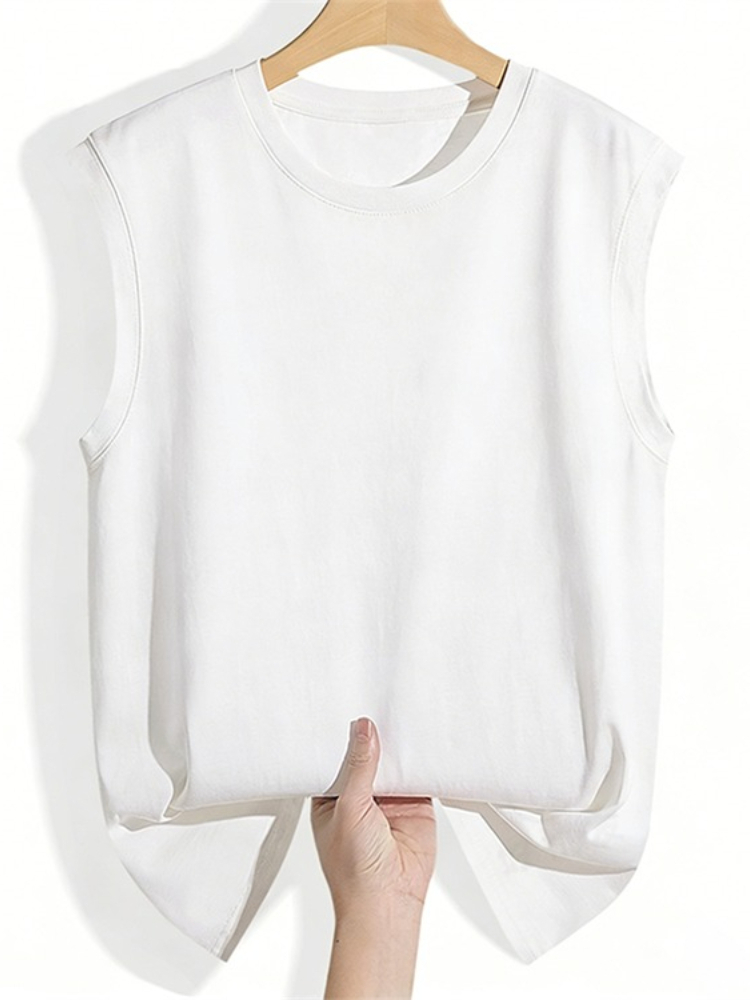 Débardeur Femme Été 2026 en Coton Col Rond Sans Manches Couleur Unie avec Poignets Côtelés Coupe Ample Décontractée Polyvalente