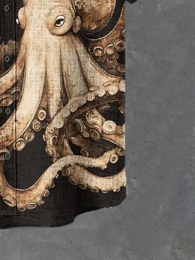Bureau homme chemises noires hommes poulpe boire du vin rouge Art imprimé chemise décontractée Vintage fête à manches courtes 2025 boutons tunique haut