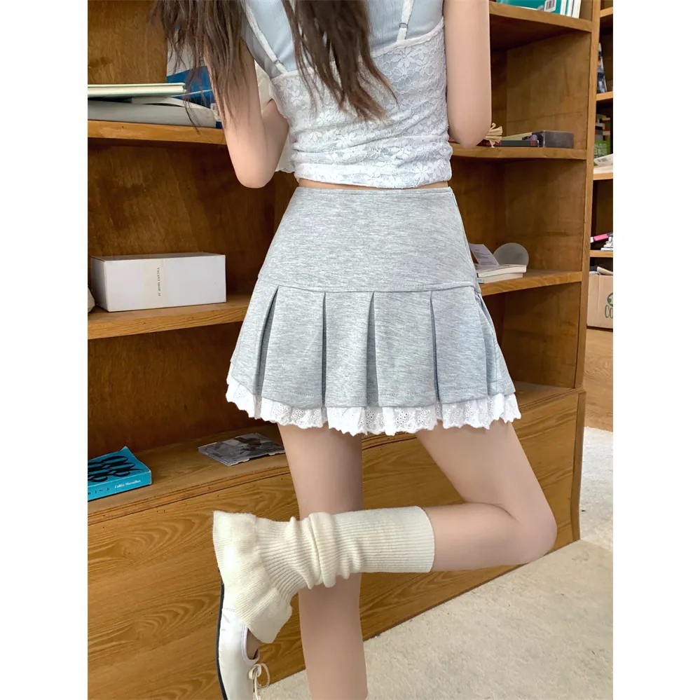 Mini-jupe plissée avec bordure en dentelle, taille haute avec short intégré, mini-jupe pour femmes, style Y2k, préppy, gothique, printemps été 2026