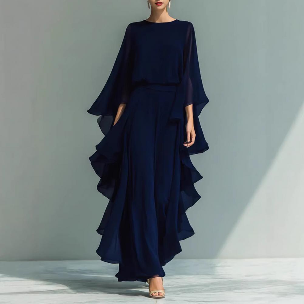 Ensemble deux pièces pour femme, haut et pantalon, coupe ample décontractée, chemise à manches cloche à volants, couleur unie, pantalon à jambes larges