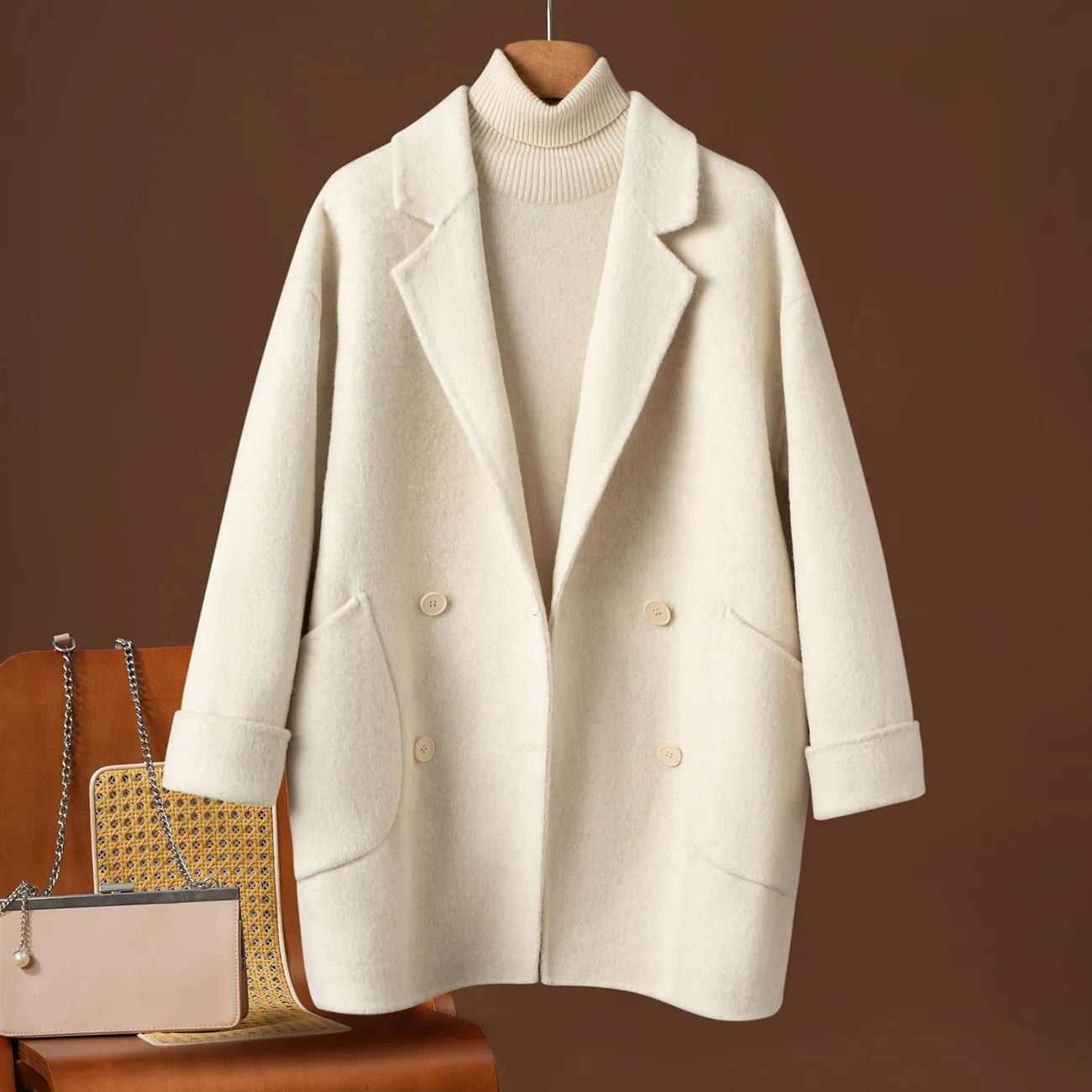 Manteau en cachemire double face pour femme, style britannique, coupe ample, vêtement d'extérieur en laine, style coréen, veste pour femme, automne-hiver