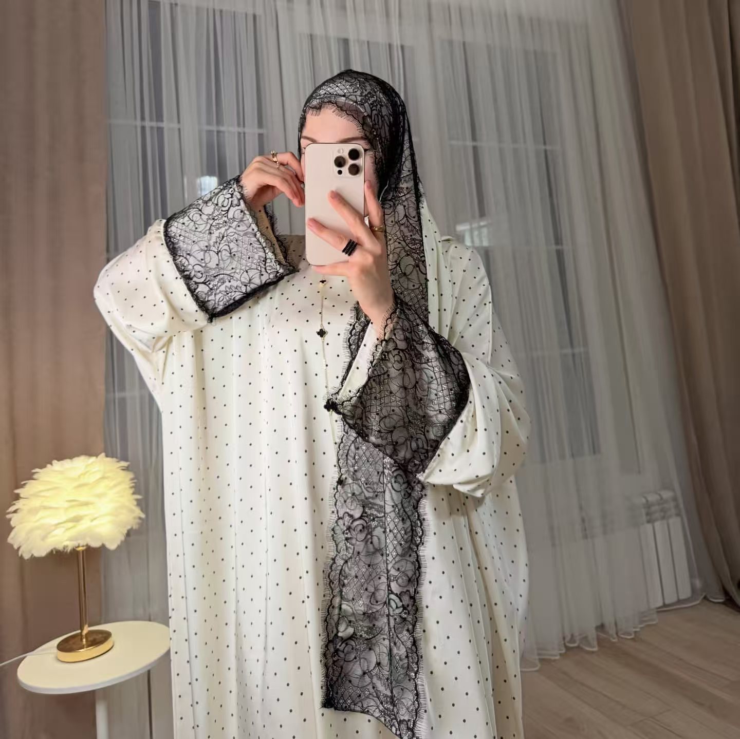 Robe Hijab pour femmes, ensemble de 2 pièces, dentelle, imprimé à pois, robe de fête musulmane, Khimar, Ramadan, Maroc, Kaftan, Vestidos, Jalabiya