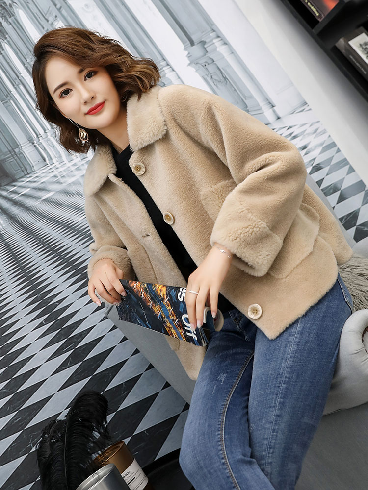 Manteau d'hiver en vraie fourrure de mouton pour femme, en véritable laine, col rabattu, chaud, veste de cisaille