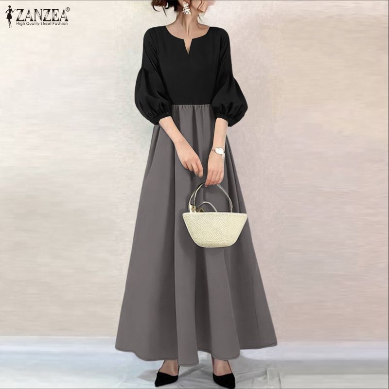 ZANZEA – robe longue de style coréen pour femmes, couleur contrastée, col en v, manches lanternes, robe longue élégante, taille haute, ligne A