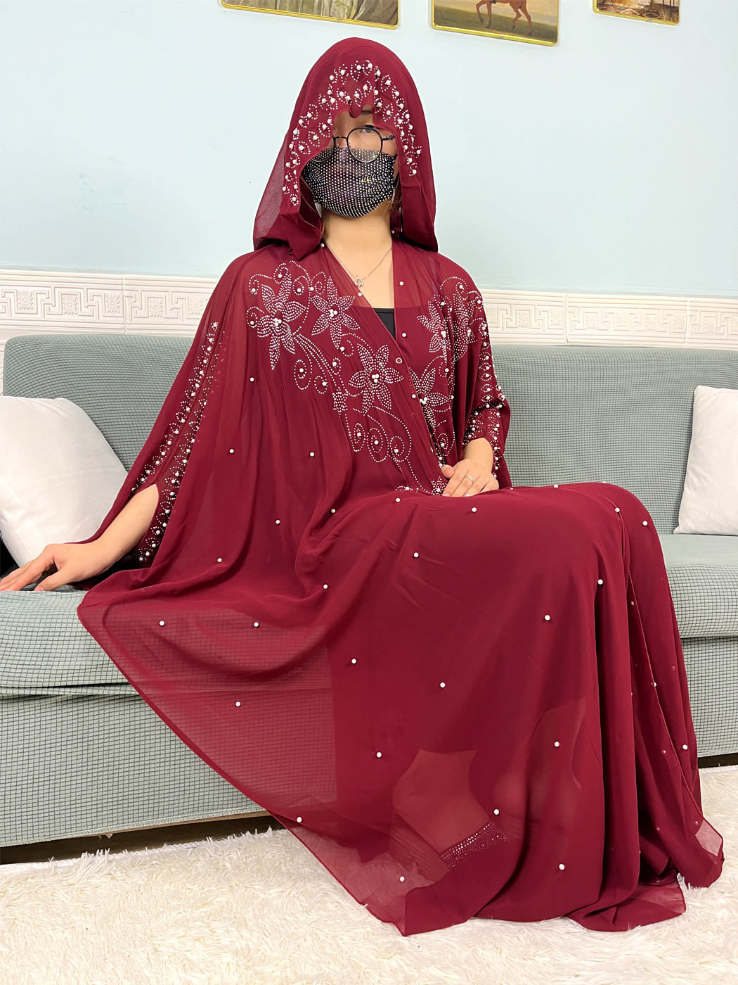 Abayas Ouverts Musulmans pour Femmes, Ensemble de Perles en Mousseline de Soie, Diamants, Dubaï, Ensembles de Vêtements de Prière Islamique, Robe Boubou Africaine à Capuche, 2024