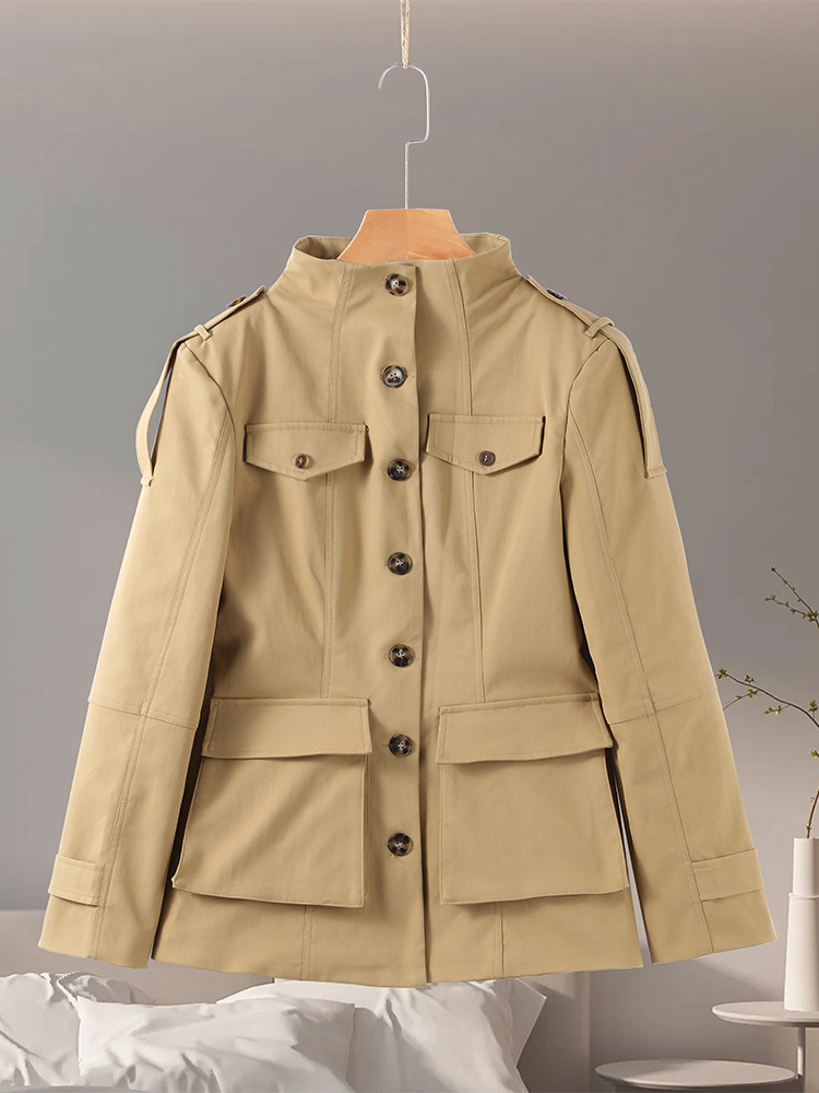 Vestes Vintage à col montant pour femmes, kaki, taille fine, poches à simple boutonnage, manteaux à manches longues, vêtements d'extérieur pour dames, automne 2025