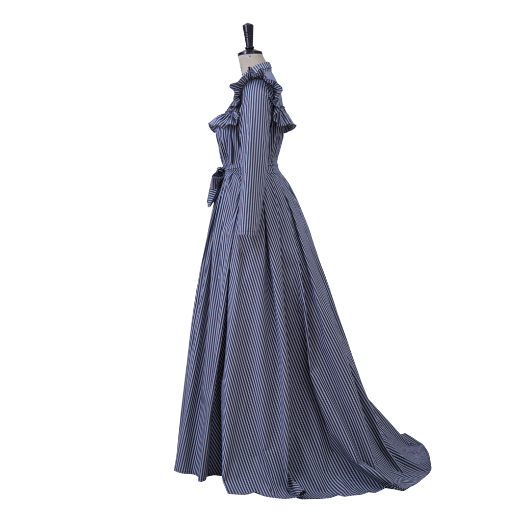 Robe de bal Vintage taille haute pour femmes, Costume de fête de thé Jane Austen, Costume historique à rayures bleues
