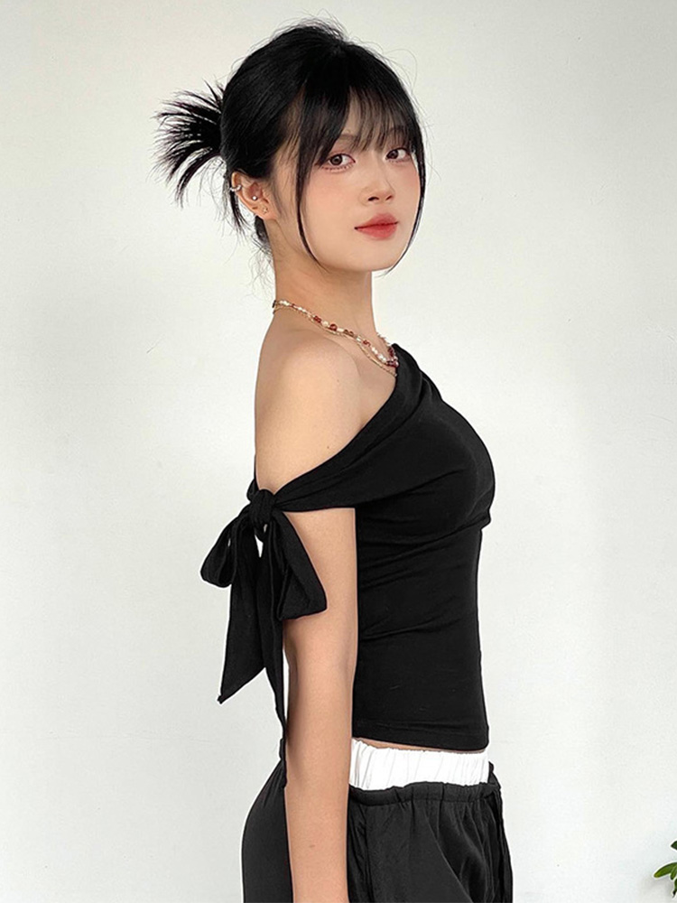 2025 femmes été Ins Style nouveau rétractable plissé une épaule haut court dos nu torsion cravate asymétrique T-Shirt haut décontracté