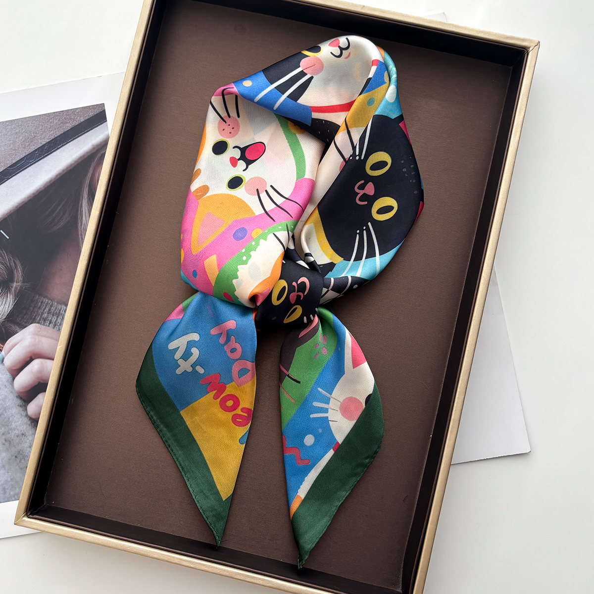 Foulard carré Imitation soie pour femmes, imprimé Animal chat, accessoires de mode, bandeau Foualrd Bandana