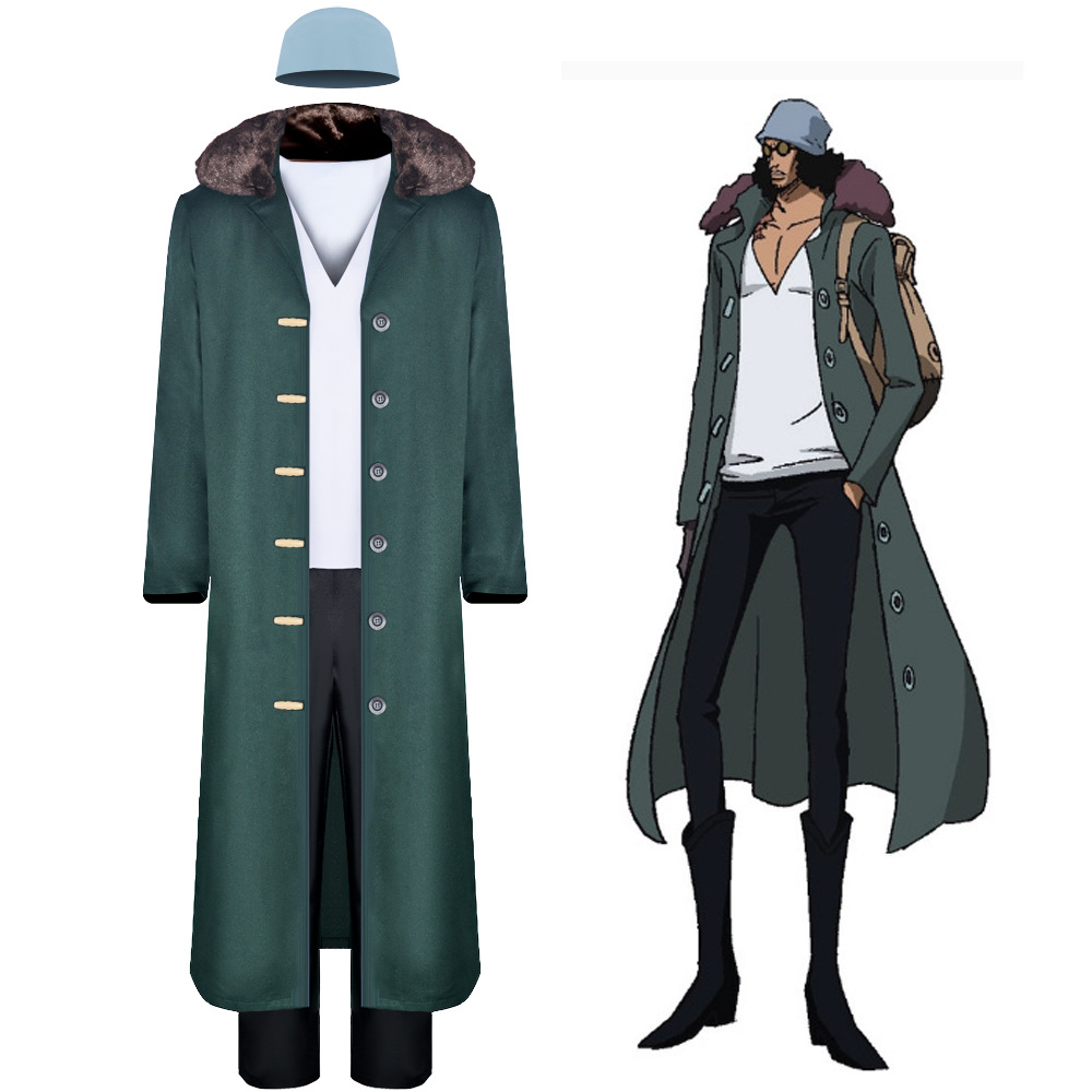 Costume de Cosplay Kuzan, tenue Aokiji avec chapeau, Trench-Coat vert long avec col en fourrure, Costume de carnaval d'halloween
