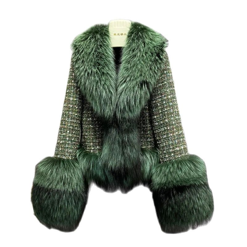 Femme hiver épais coton mince court laine veste femmes nouveau mince importé peau entière rouge col de fourrure de renard Imitation manteau de fourrure A863
