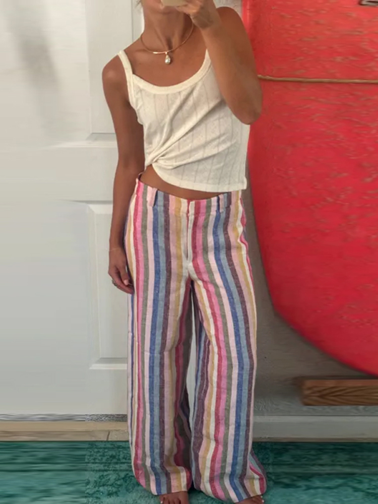 Pantalon large pour femme, style bohème, à rayures colorées et empiècements, taille haute, multicolore, coupe ajustée, pour soirée et streetwear