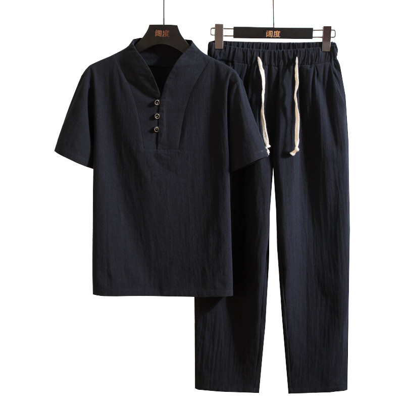(Chemise + pantalon) chemise d'été pour homme Chemises en coton pour homme Chemises décontractées à manches courtes pour homme Un ensemble de vêtements taille M-5XL