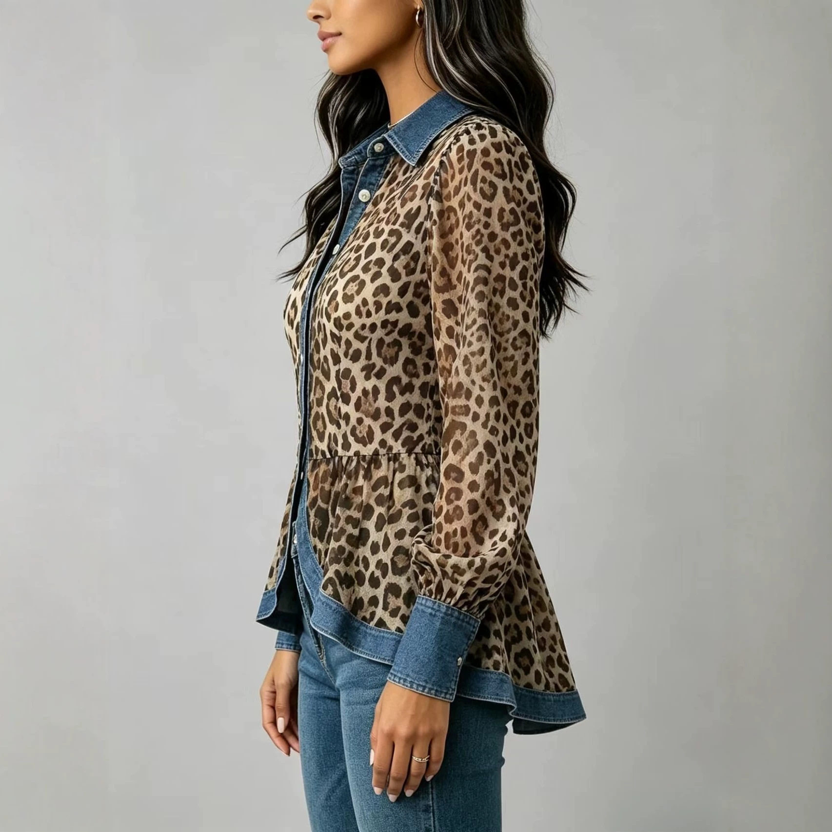 Chemisier Peplum en Chiffon Transparent Imprimé Léopard pour Femme, Chemise à Manches Longues Boutonnée avec Empiècements en Jean, Style Western Décontracté
