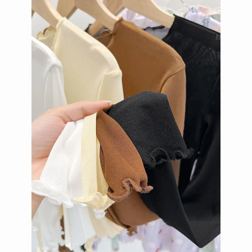 Top court en dentelle noire pour femmes, t-shirt en maille transparente en soie glacée d'été, style court, sous-vêtements, chemise de base, protection solaire
