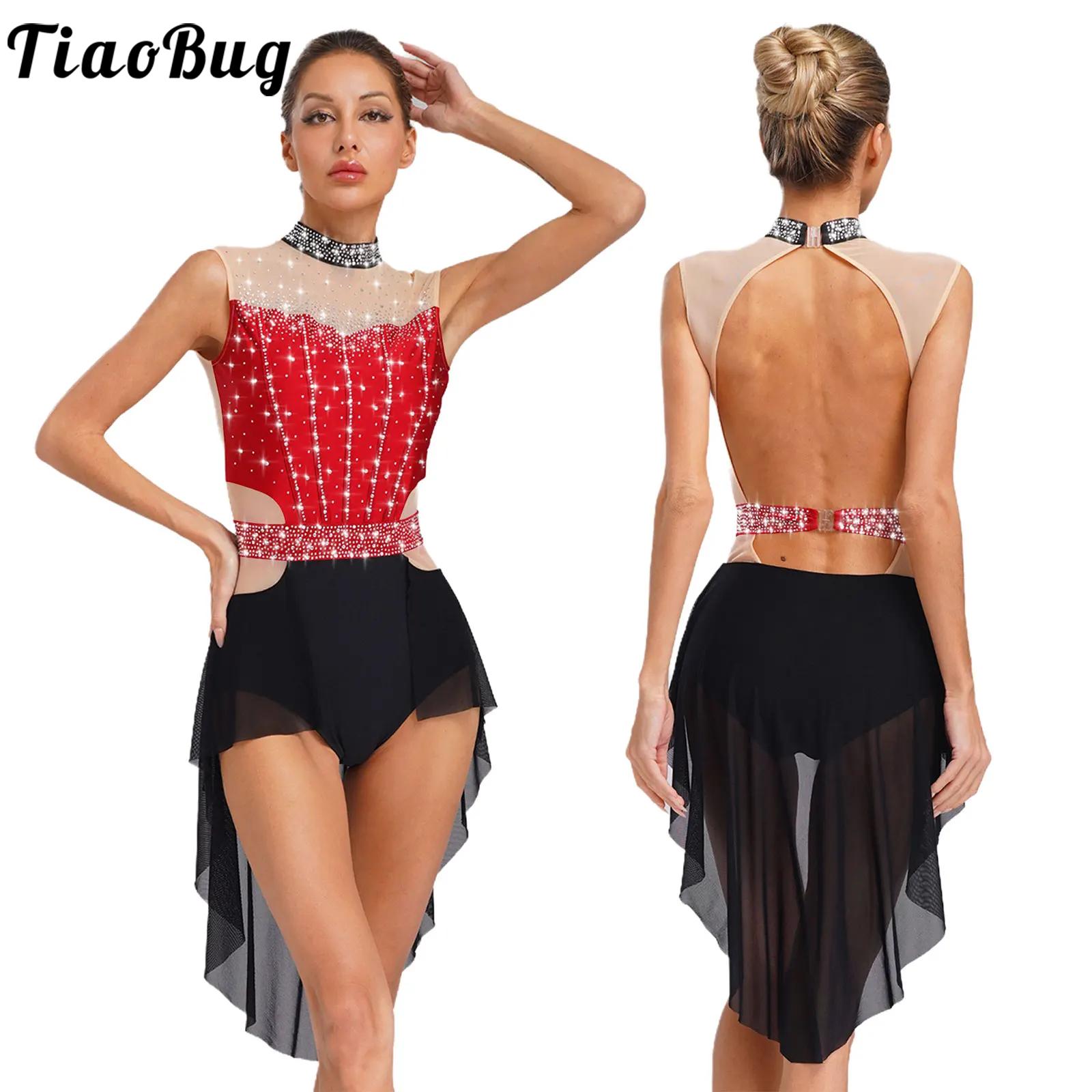 Robe de danse lyrique pour femmes, vêtements de danse modernes, sans manches, dos nu, strass brillants, maille Patchwork, jupe justaucorps