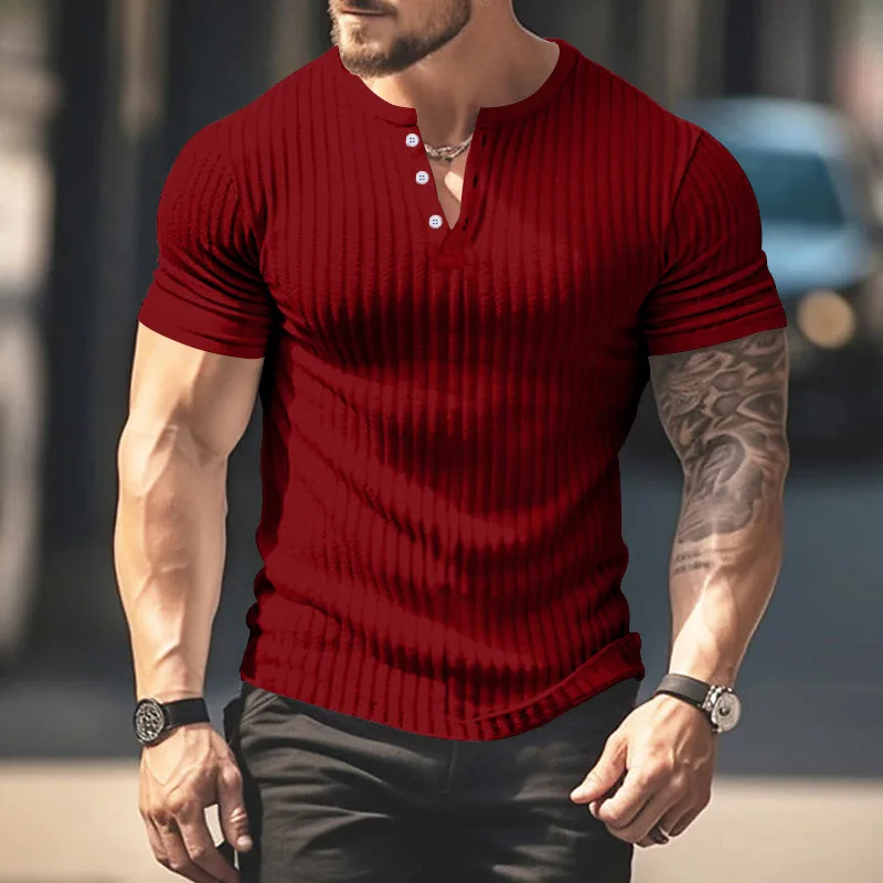Mode Europe et états-unis couleur unie nouvel été à manches courtes commerce extérieur Henry chemise décontracté tricoté T-shirt