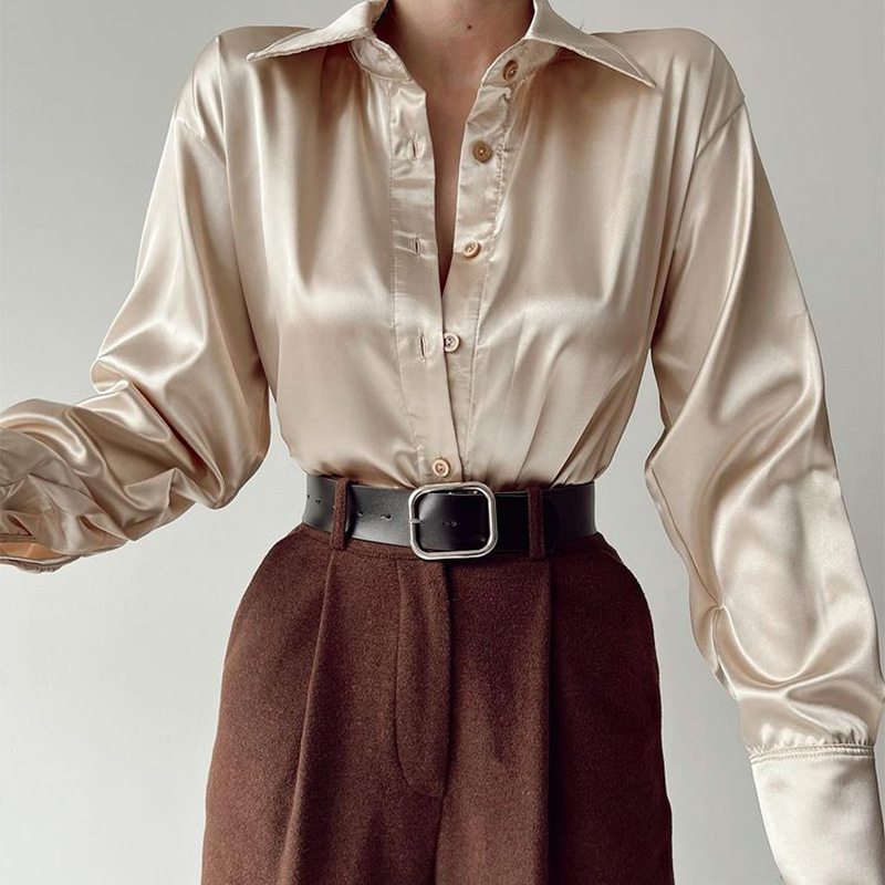 Chemises en Satin élégantes pour femmes, hauts à la mode, couleur unie, chemisiers à manches longues, Vintage, violet, décontracté, boutons amples, vêtements, printemps 2025, 18913