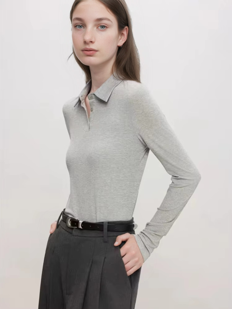 T-shirt Polo à manches longues pour femmes, 80% soie, sans repassage, Slim, doux, haute élasticité, hauts basiques