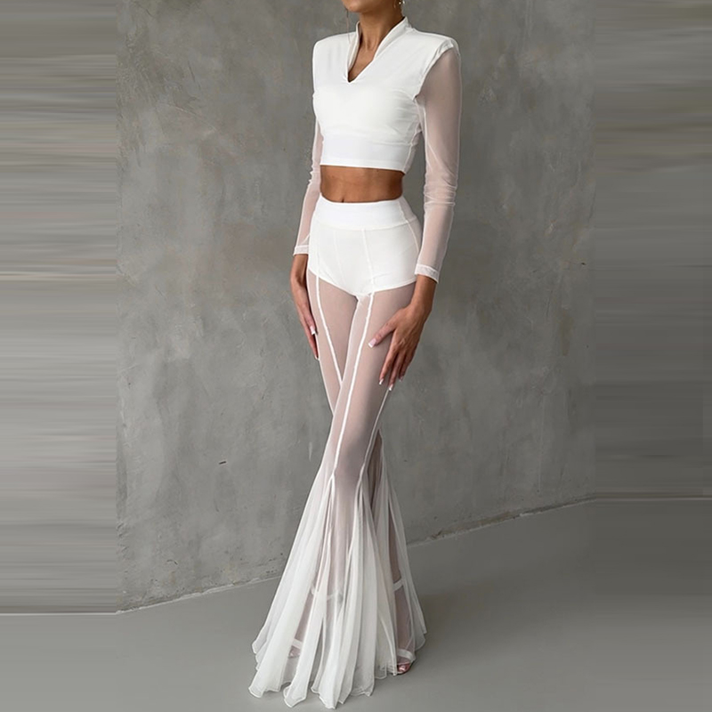 Pantalon droit Slim taille haute pour femmes, élégant, Sexy, transparent, évasé en maille, couleur unie, Long, pour les déplacements, été