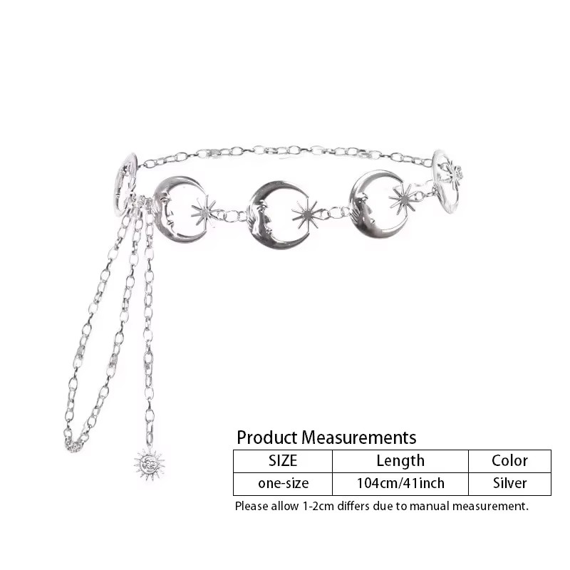 Ceinture de mode pour femme, chaîne fine en métal doré et argenté, style gothique, avec pendentif lune argenté, vintage, pour taille haute