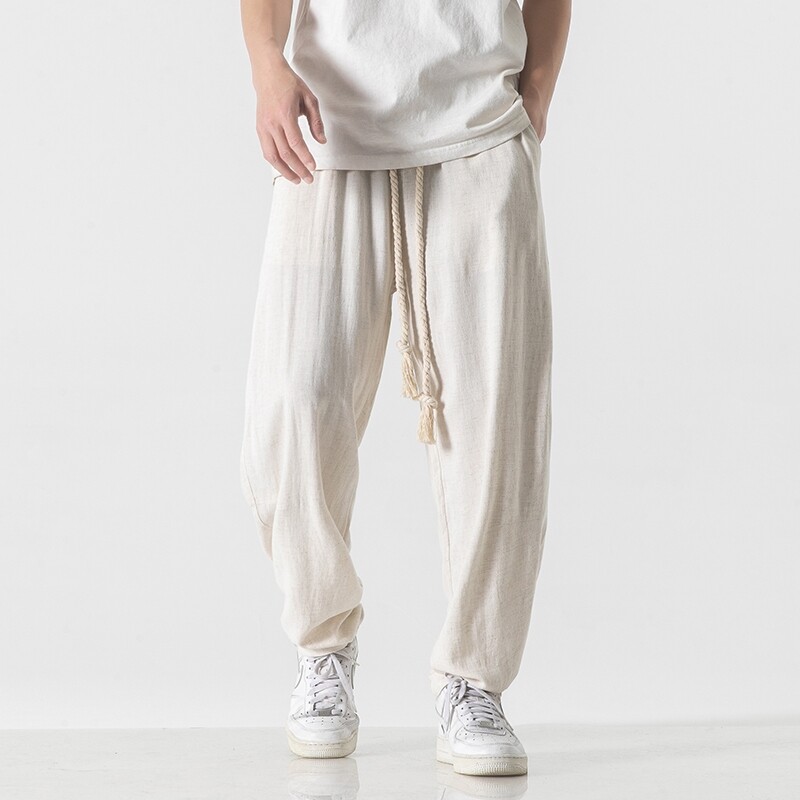 Pantalon en coton et lin pour hommes, sarouel respirant, couleur unie, Streetwear, blanc, longueur cheville, été