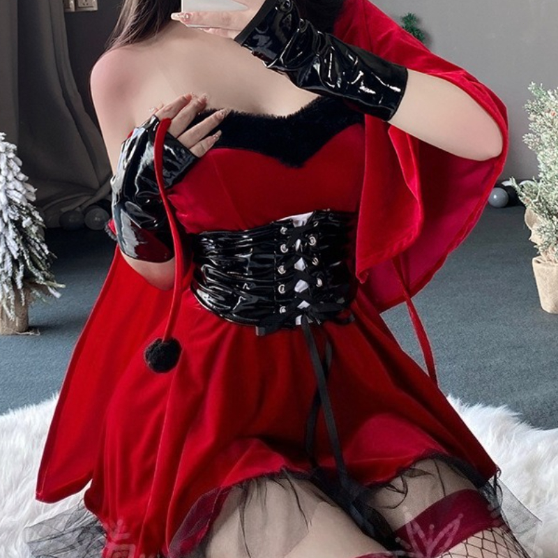 Costume de démon pour femme, robe en velours rouge, cape, ceinture, tenue de fête cosplay pour Halloween