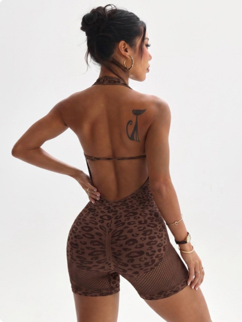 Combinaison de yoga léopard tendance pour femmes, sexy, dos nu, à découpes, combinaison courte de sport, combinaison de fitness une pièce.