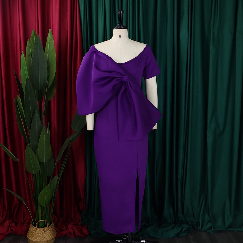 Robes de soirée élégantes pour femmes, col en V, manches courtes, grand nœud décoratif, gaine fendue sur le côté, longueur de rinçage, robe de soirée de luxe, nouveau, 2024