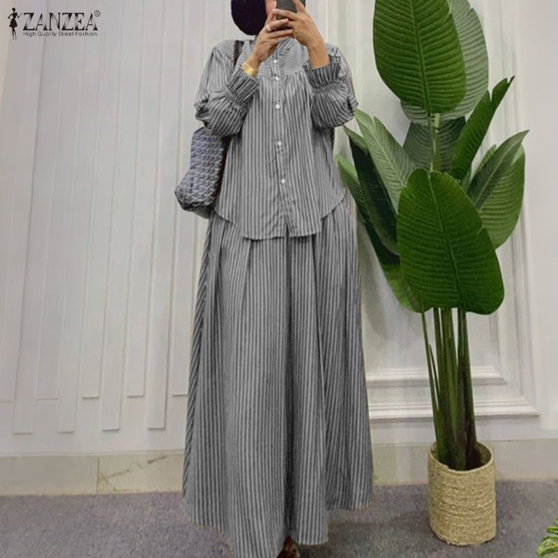 Tenues musulmanes ZANZEA, ensembles de 2 pièces, mode féminine, robe longue à rayures, ensembles de chemises à col montant, jupe, costume islamique
