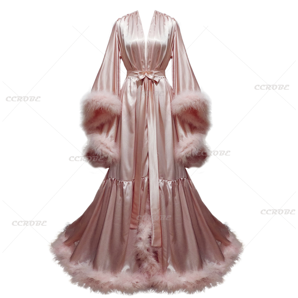 Peignoir pour femmes manches évasées plume Robe de mariée chemise de nuit Illusion de soie longue écharpe de mariage Robe de chambre Robe de photographie
