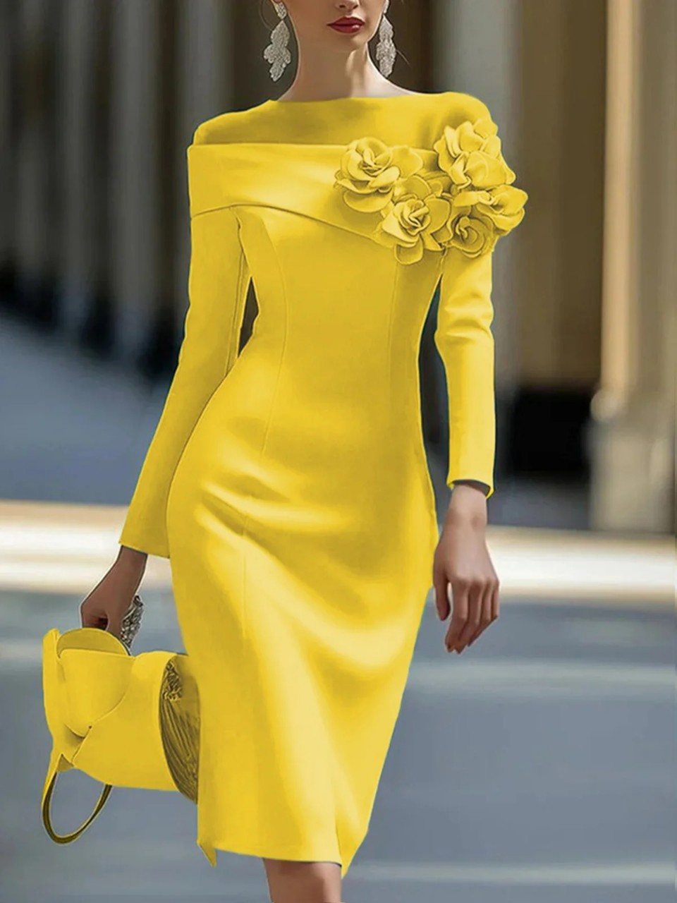 Femmes élégantes 3D Floral col rond robe formelle automne printemps solide mince moulante hanches robe à manches longues robes de soirée au genou