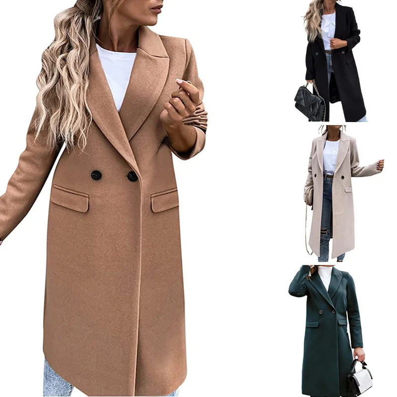 Manteau en Laine pour Femme 2026 Automne Hiver Épais Simple Boutonnage Couleur Unie Coupe Ajustée Longue Veste Coupe-Vent en Laine Vêtements Femme