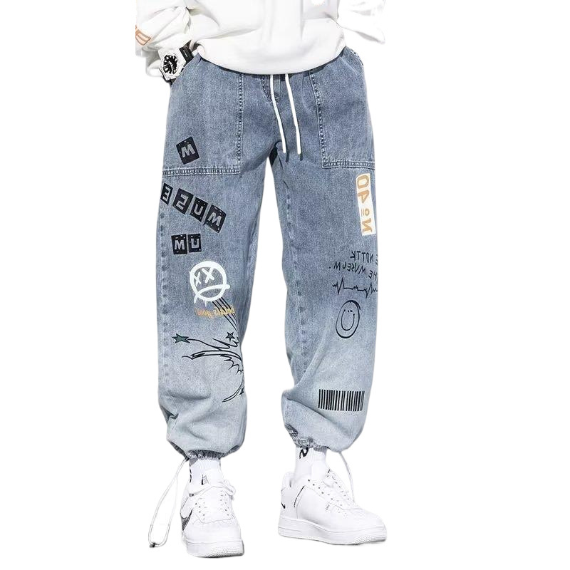 Vêtements coréens hommes lettre imprimé jean taille haute Baggy jean dessin animé Graffiti Hip-Hop pantalon jean bleu