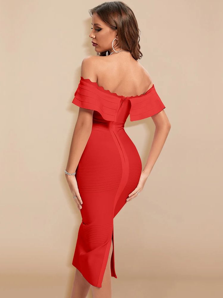 BEAUKEY-Robe de Soirée Élégante pour Femme, Tenue de Luxe Rouge à Bandes, à Volants, Fendue, pour ixÉducative, XL