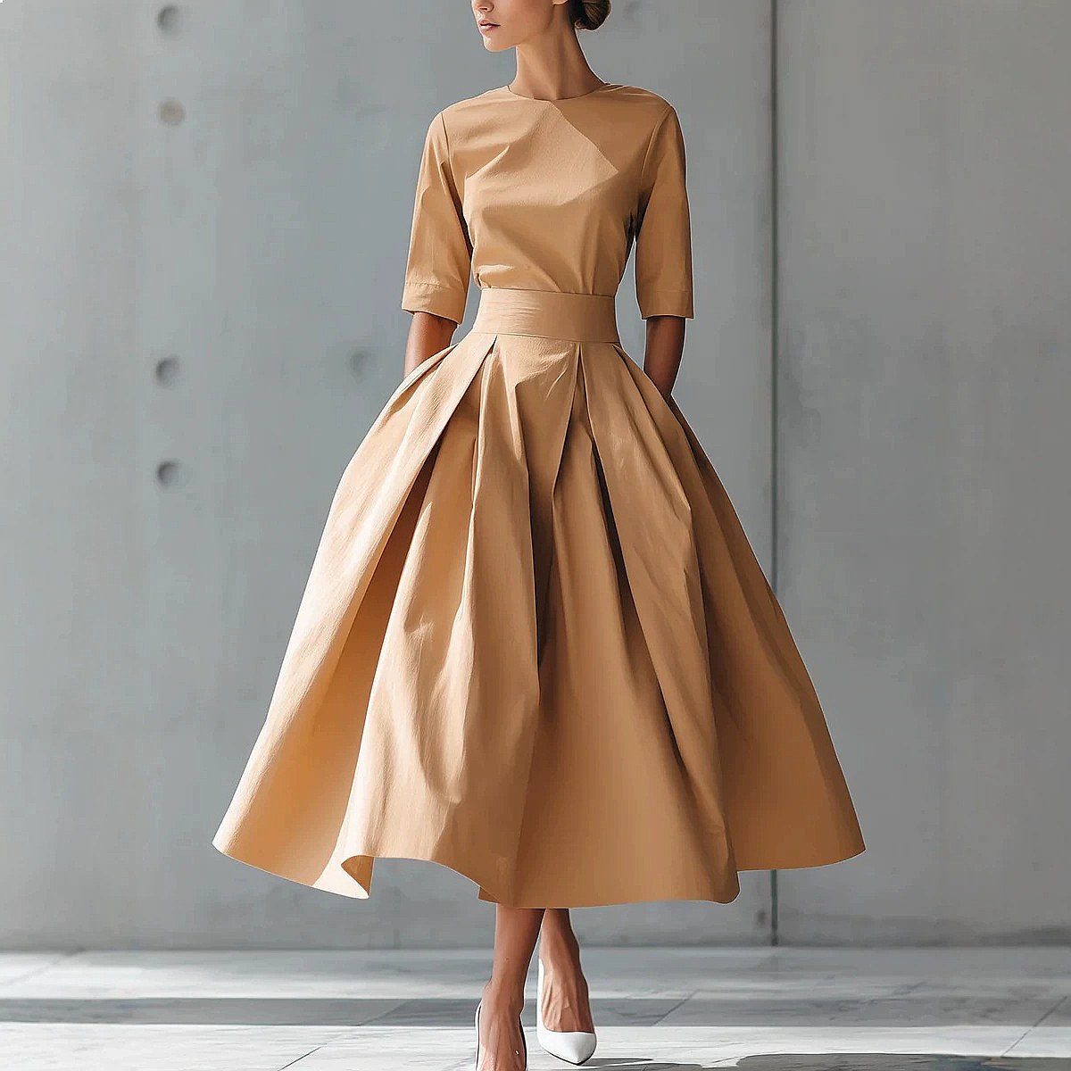 Robe élégante coupe trapèze, manches courtes, couleur unie, fluide, mi-longue, pour le printemps et l'été, ensemble assorti