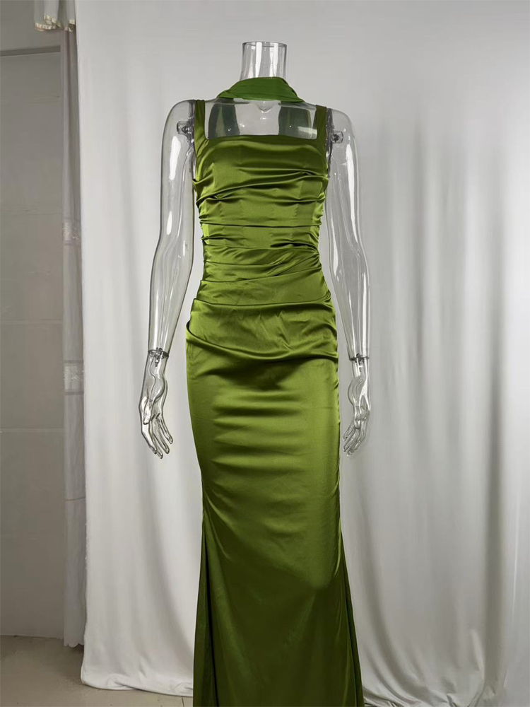 Robe longue plissée à col écharpe pour femmes, élégante, Sexy, couleur unie, sans manches, épaules dénudées, Slim, robe de soirée, 2026