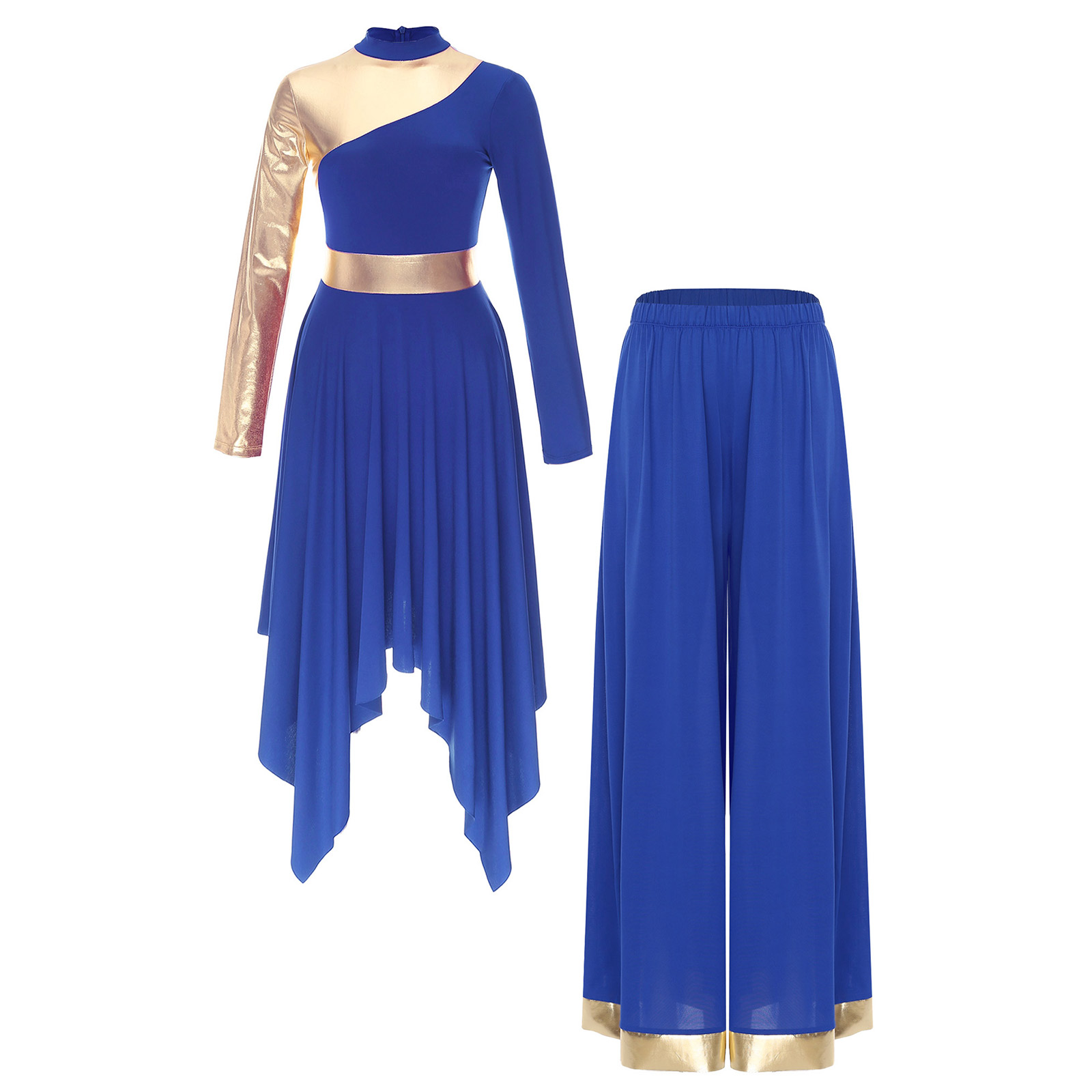 Costume de danse pour femmes, tenues de salle de bal, vêtements de danse lyrique, manches longues, ourlet asymétrique, robe et pantalons à jambes larges