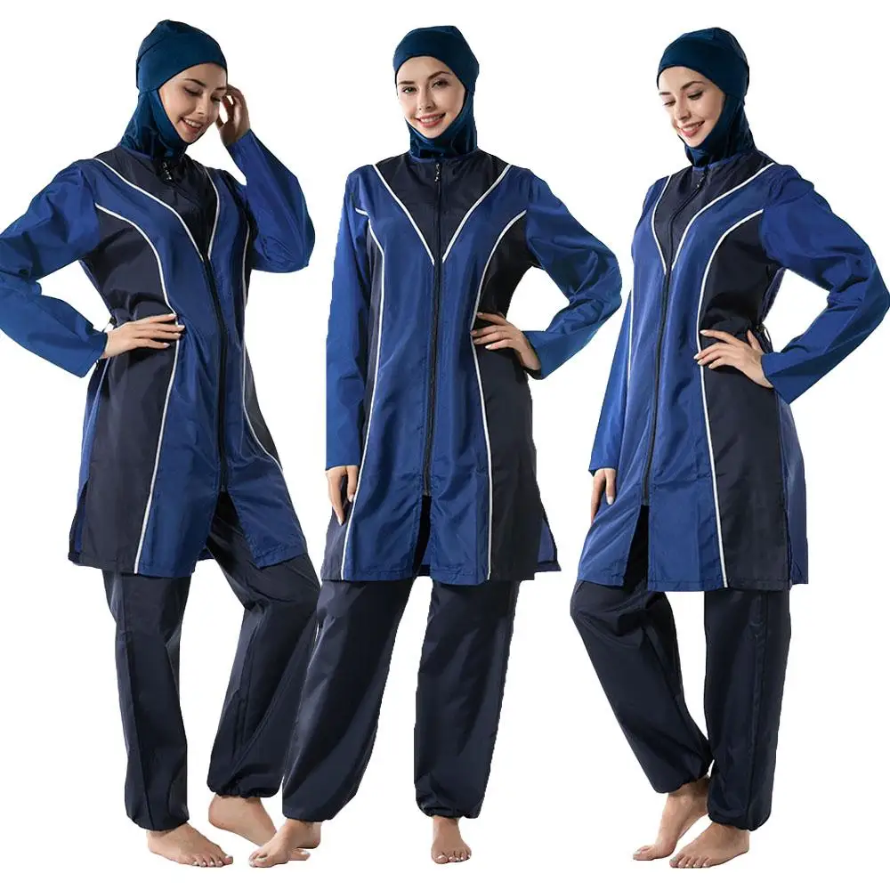 Maillot de bain à manches longues pour femmes, 3 pièces, couverture complète, hijab musulman, arabe, burkini, sport, vêtements de plage, conservateur trempé