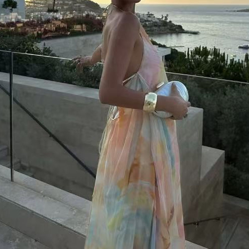Robe bohème ample imprimée pour femmes, motif à la mode, Sexy, dos nu, ajourée, robe de soirée élégante, col licou, sans manches, longue robe de vacances