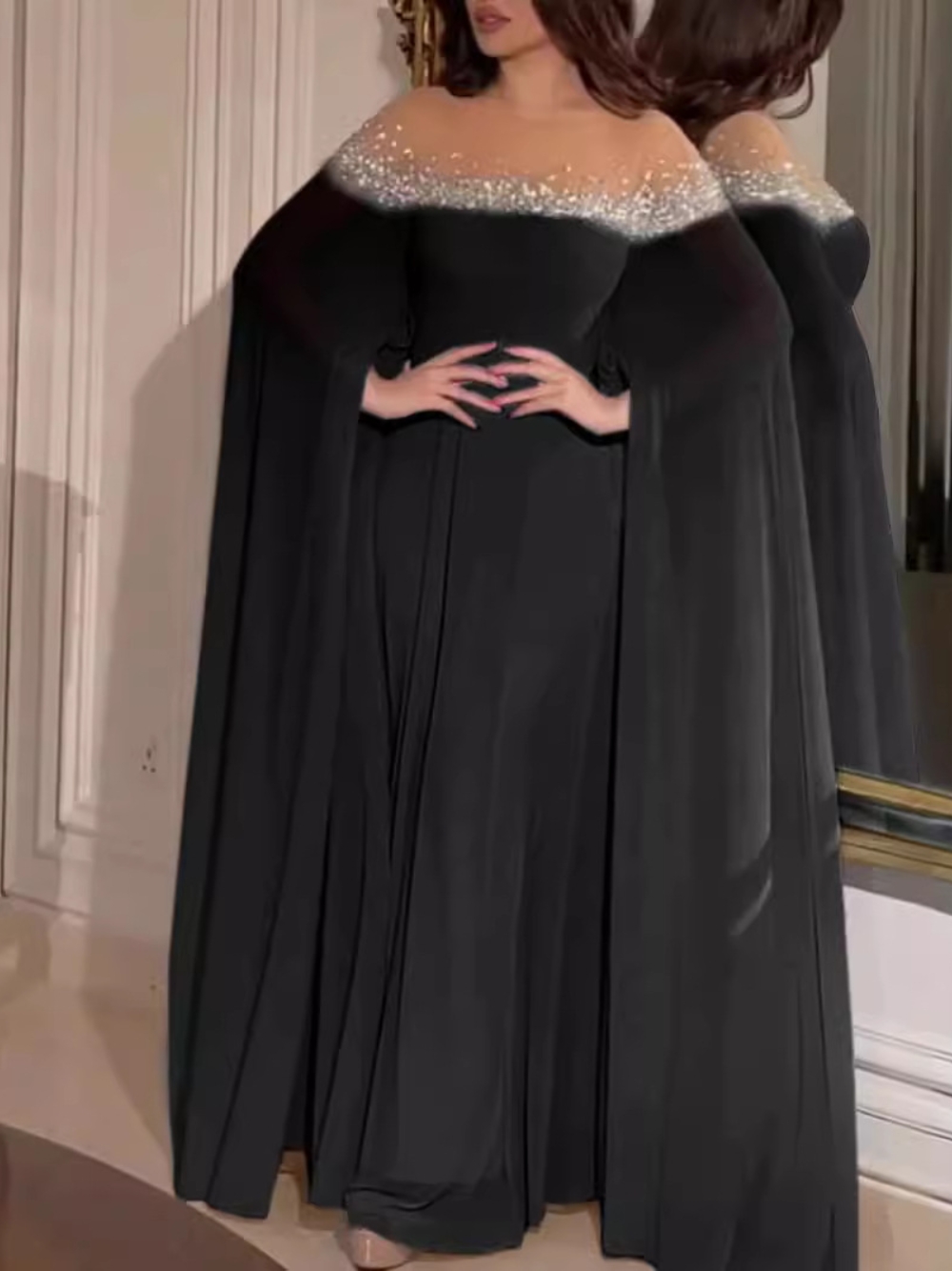 Arabe élégant en mousseline de soie cristaux Banquet porter pour les femmes musulmanes Cape manches brillant robe de soirée 3 couleurs charmante robe de bal