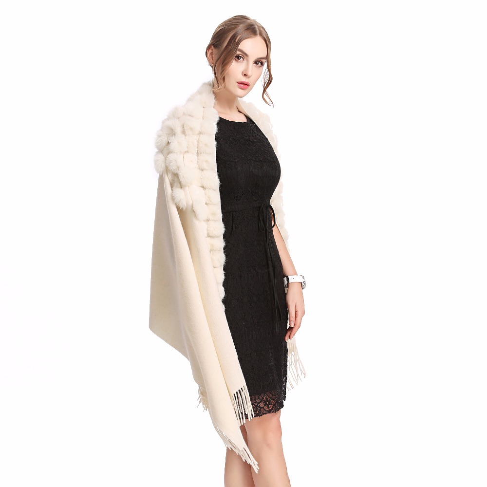 Écharpe Pashmina chaude pour femmes, châle en laine 2025 avec pompon en fourrure de lapin, pour l'automne et l'hiver, silencieux chauffe-cou à la mode
