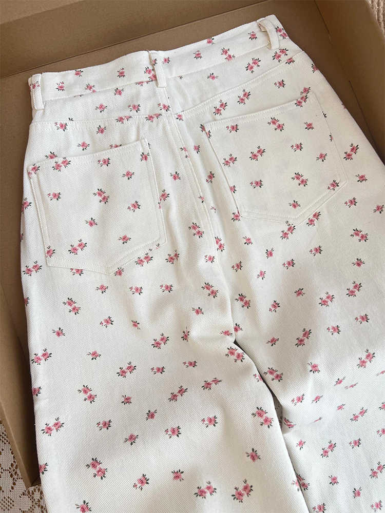 Pantalon en Denim à fleurs blanches simples pour femmes, nouvelle collection printemps été 2021, taille haute, jambes larges, décontracté, polyvalent
