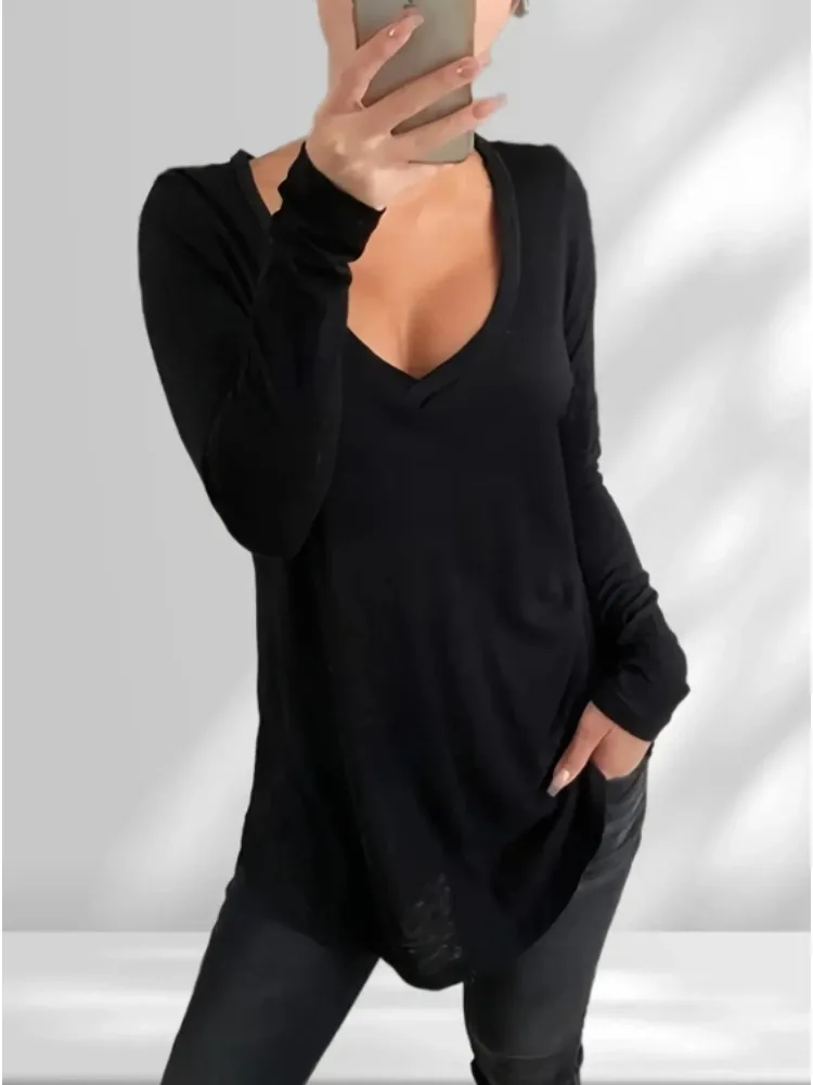 T-shirt uni à col en V pour femme, manches longues, vêtements décontractés pour femme, mode simple, grande taille, 1XL-5XL