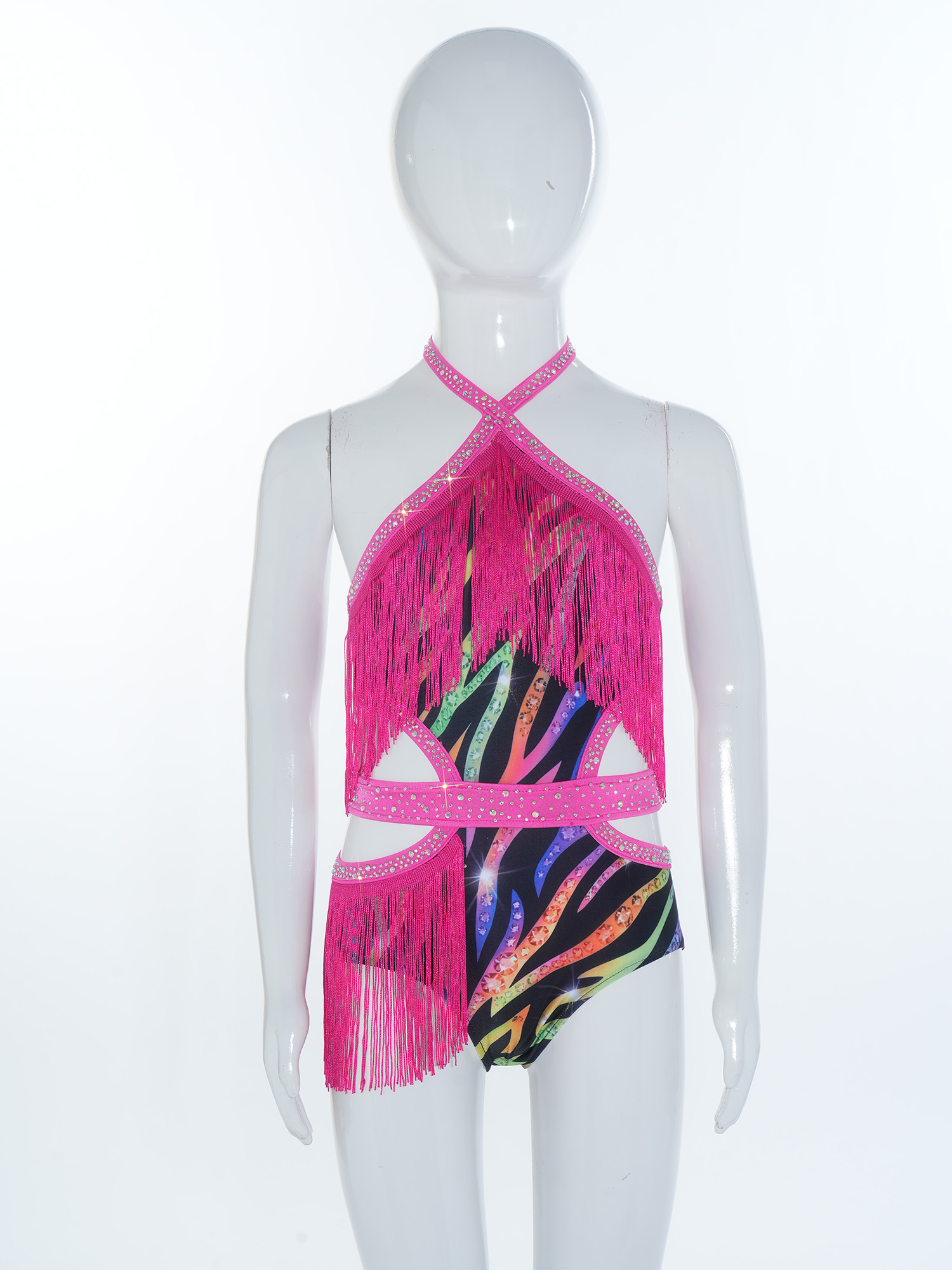 Robe de danse pour enfants filles, style léopard à franges, pour la danse latine, salsa, jazz, tango, avec découpes latérales croisées, sans manches, type justaucorps