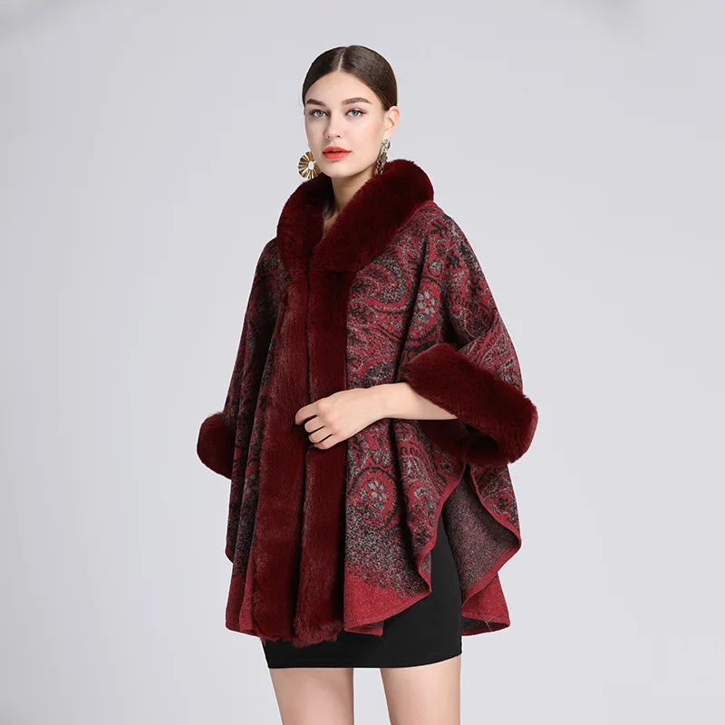 Automne hiver nouvelle Imitation loutre lapin fourrure col Jacquard à capuche châle Cape Imitation laine Ponchos café Capes femmes Cape